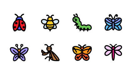 Collection of cartoon insects featuring a ladybug, bee, caterpillar, and several butterflies