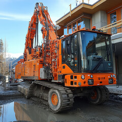 A large orange crane towering above a construction site.