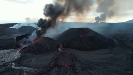 A dramatic volcanic eruption spews smoke and lava in icelands reykjanes peninsula, showcasing the raw power and beauty of natures geological forces - Powered by Adobe
