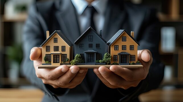 Real estate agent presenting house models representing property sales, realty services, and home investment concept