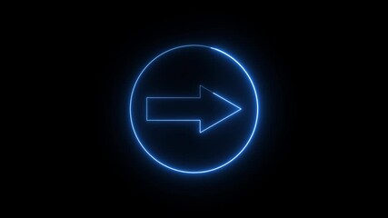 Neon glowing blue color direction right arrow icon animation road signal road information traffic signal sign symbol on black background