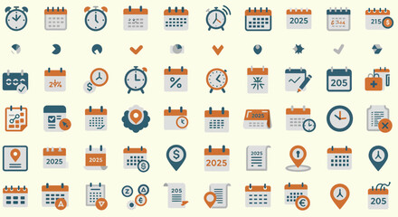 Diverse icon set representing time management, scheduling and business planning tools