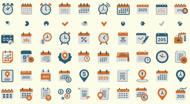 Diverse icon set representing time management, scheduling and business planning tools