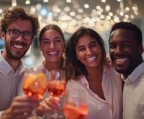 Diverse colleagues celebrating after work raising citrus cocktails, modern bar background, smart casual light attire, authentic joyful moment shallow depth lifestyle. 