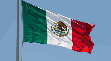 The national flag of Mexico waving proudly in the clear blue sky sunlight