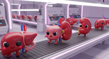 Cartoon organs with smiling faces move along a conveyor belt in a futuristic laboratory setting.