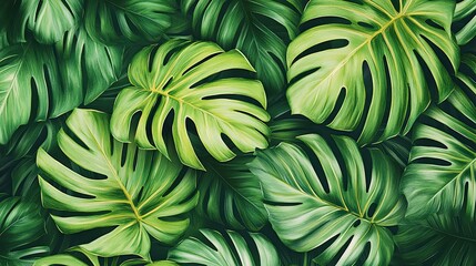 Repeating tropical leaf tile pattern in green tones for backgrounds, textiles, wallpapers, or summer-themed design