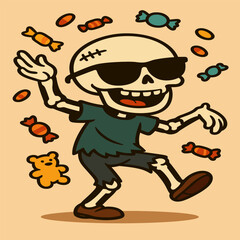 Cool skeleton wearing sunglasses throws candies like confetti in a funky cartoon pose, radiating playful charm.