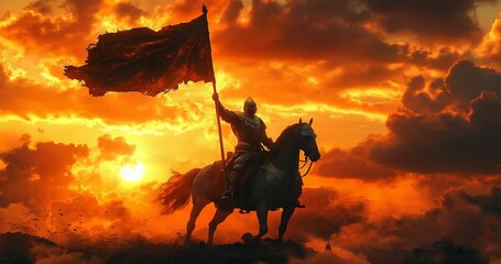 Knight on Horseback Waving Flag at Sunset - Powered by Adobe