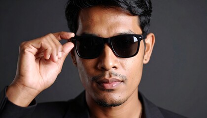 Obraz premium Close-up portrait of a stylish model wearing sunglasses, fingers gently touching the frame’s right side against a sleek gray background; studio lighting highlights elegance and modern fashion vibes