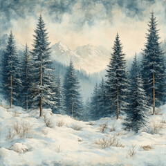 Snowy scene with pine trees depicted in a painting.
