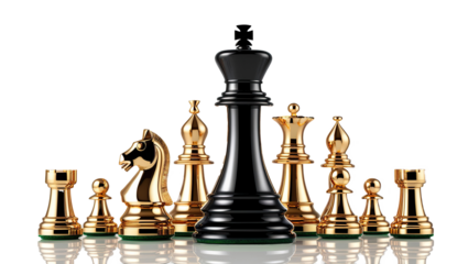 Luxury Gold and Black Chess Pieces on Transparent Background

