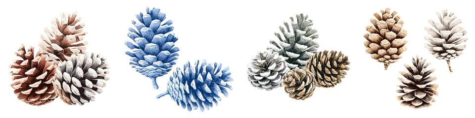 Colorful Pine Cones Set. Collection of Natural Christmas and Winter Elements Isolated on White.