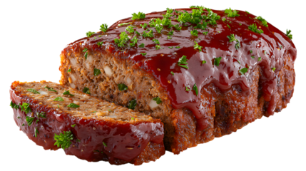 Delicious Meatloaf with Glaze and Parsley Garnish on Transparent Background for Food Blog