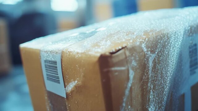 Delivery package being prepared for shipping in a busy warehouse setting during daylight hours