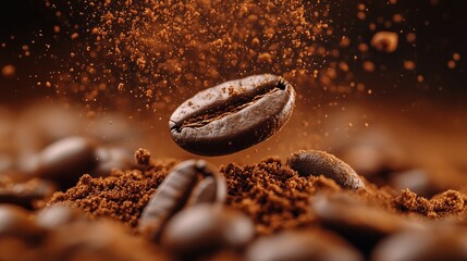 Freshly Brewed Coffee Beans Breaking Moment, for Coffee Roasting Advocacy, Coffee Utensil Marketing, Gourmet Shooting Reference