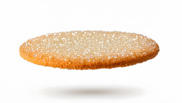 Single round biscuit with coarse sugar on top, floating on white background, minimalist food product design