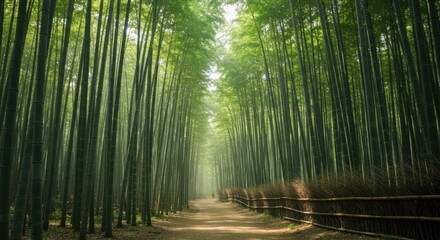 Sunlit Path Through Lush Green Bamboo Forest