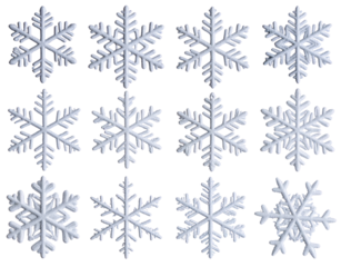  Whimsical Snowflake Variety with Glittering Edges and Light Glow Effects, Random Layout, Isolated on Transparent Background