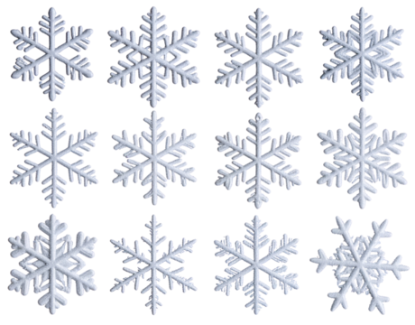  Whimsical Snowflake Variety with Glittering Edges and Light Glow Effects, Random Layout, Isolated on Transparent Background