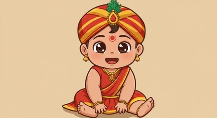 Cute Cartoon Indian Baby Sitting and Smiling – Traditional Ethnic Clothes in Bright Colors with Gold Accents, Big Eyes and Soft Features, Flat Vector Style for Kids’ Books, Products, and Greeting Card