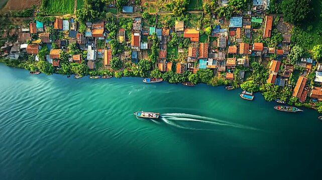 Picturesque aerial view of a tropical village along a river with a boat cruising