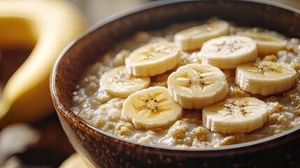 Sliced banana floating in bowl of oatmeal, healthy breakfast freeze-frame for food ad concept or lifestyle imagery