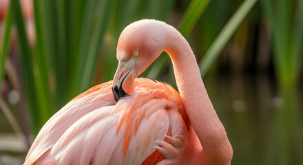 Elegant flamingo preening its feathers in a natural habitat, a moment of self care
