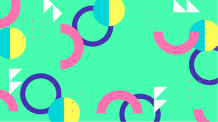 Vibrant green background with colorful geometric shapes for playful design. Suitable for backgrounds, digital art, invitations, and presentations.