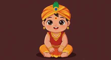 Cute Cartoon Indian Baby Sitting and Smiling – Traditional Ethnic Clothes in Bright Colors with Gold Accents, Big Eyes and Soft Features, Flat Vector Style for Kids’ Books, Products, and Greeting Card