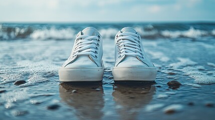 Sneakers on wet sandy beach by the ocean | stock photo, travel lifestyle, shoes and shore, casual scene
