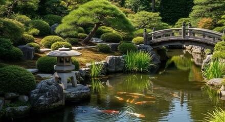 Serene Garden Pond with Koi Fish and Stone Bridge
