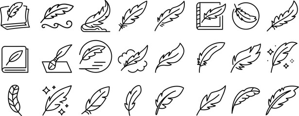 Bird Feather Silhouettes icon Set. Black quill feather silhouette vector illustration