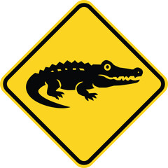 Crocodile on a road sign. Beware alligator road symbol. Crocodile road board. Yellow road sign Crocodile. flat style.