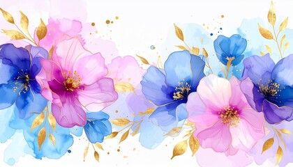 Watercolor Floral Bouquet: Delicate Blooms in Blue, Pink, and Gold