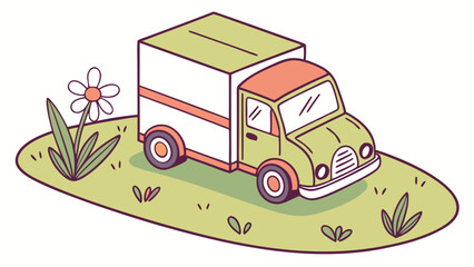 Obraz premium Cartoon Delivery Truck with Flower and Greenery Illustration.