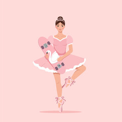 Elegant Ballerina Holding Pink Skateboard Wearing Tiara and Pointe Shoes
