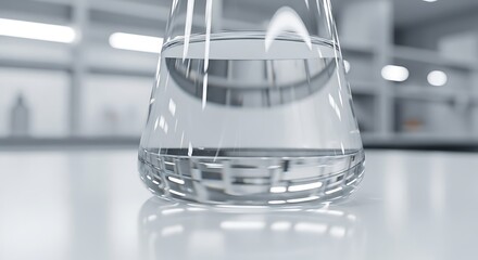 Erlenmeyer flask filled with a clear liquid in a laboratory setting