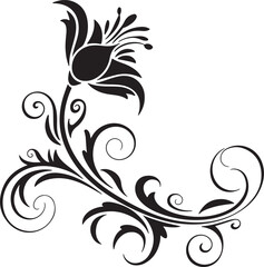 Fototapeta premium Black floral silhouette with swirling vines and leaves white ornamental