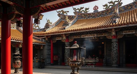 Asian Temple Architecture Intricate Details Incense Burning Red Pillars Golden Roof