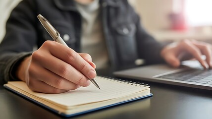 Person taking notes in a notebook while using a laptop computer