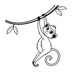Fototapeta premium A cheerful minimal monkey hangs from a vine with leaves, depicted in a simple, clean silhouette style