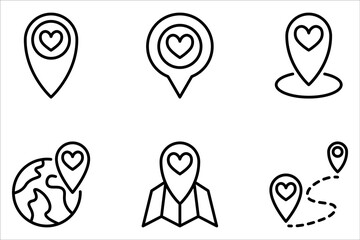 Love location icon set. Location pin icon with heart. Favorite places on white background