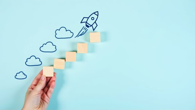 Hand drawing business growth graph on a digital screen with a finger pressing a success button.Business growth success achievement PDCA concept, step stair or ladder for planning development.