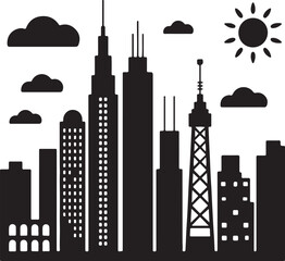 Fototapeta premium Black silhouette of skyscrapers and clouds under a sun city skyline