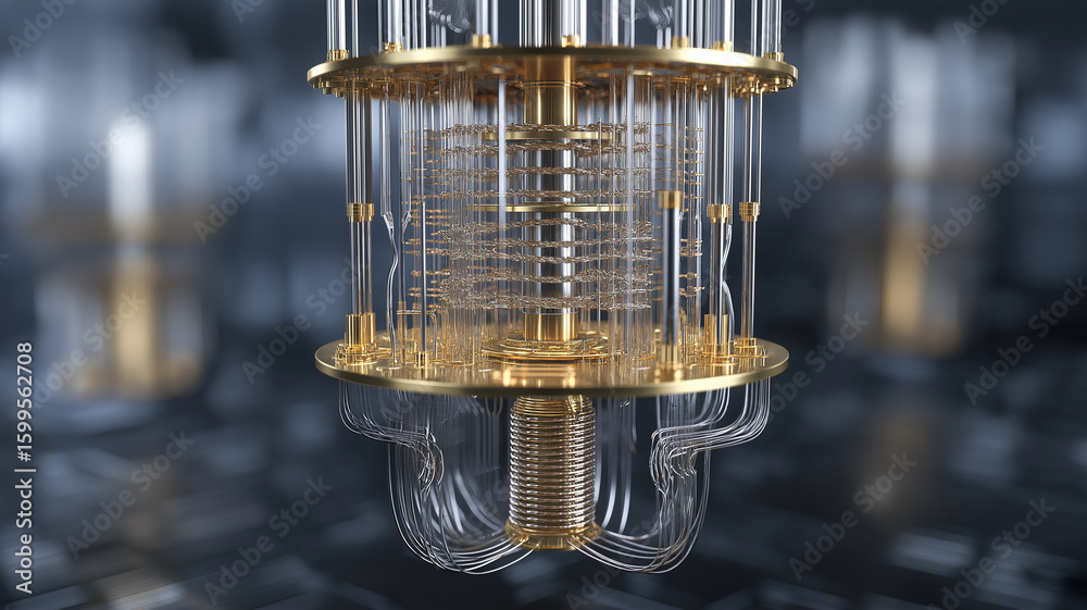 Poster close up view of quantum computer intricate components, showcasing its complex wiring and gold plate