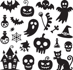 Obraz premium Halloween themed black silhouette icons featuring spooky creatures and objects vector
