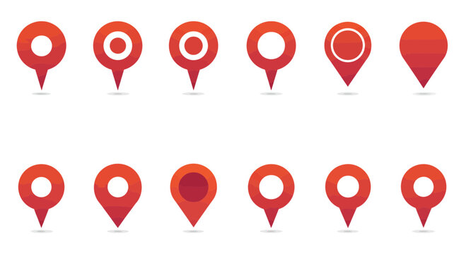 Collection of red map pointer icons indicating location on a white background
