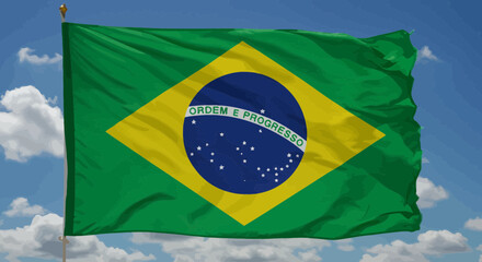 Waving brazilian flag against a bright blue sky with fluffy white clouds