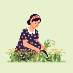 Smiling Woman Harvesting Ripe Rice in Field Wearing Floral Dress